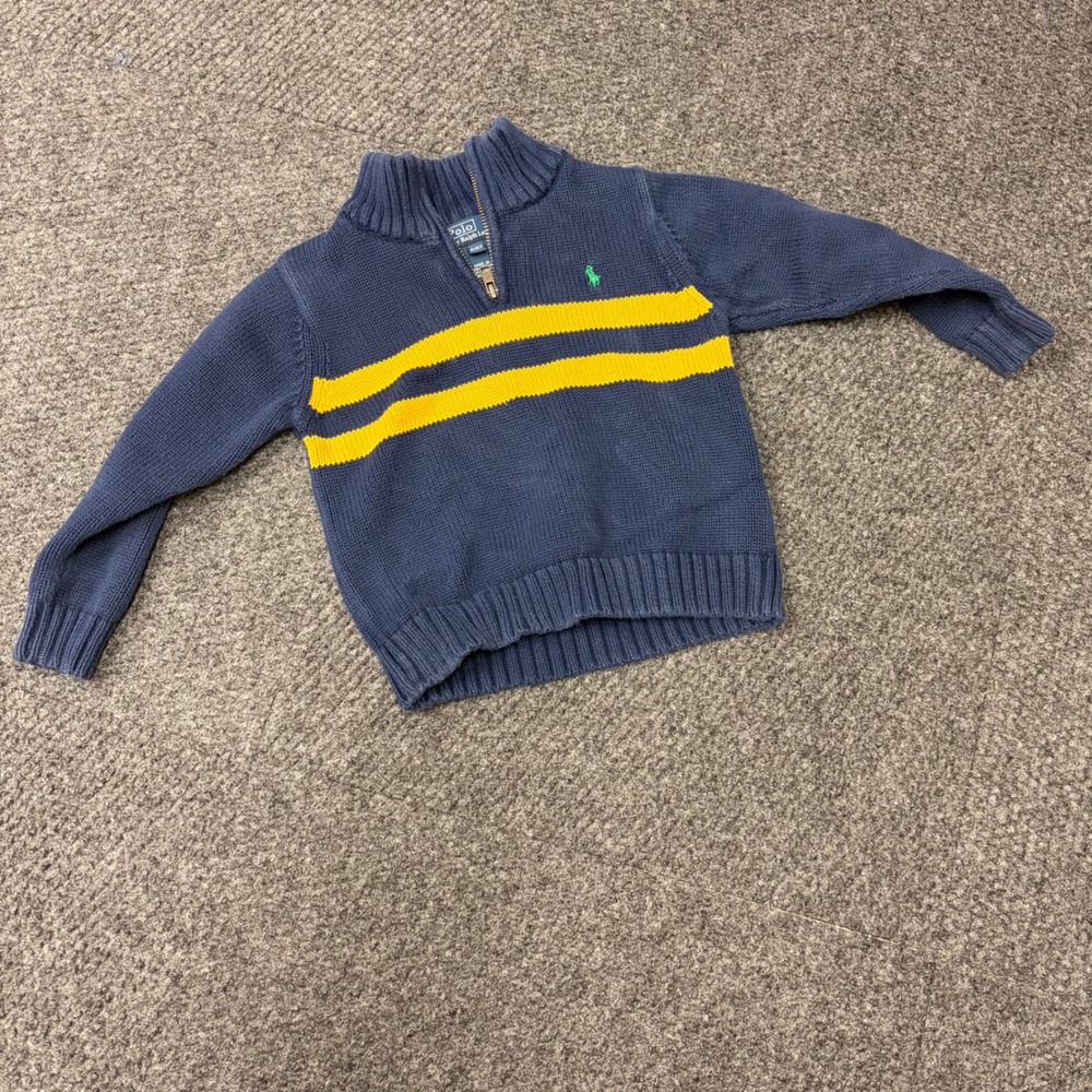 Polo Ralph Lauren Boys Navy Blue Yellow Stripe Quarter Zip Sweater Size 4/4T